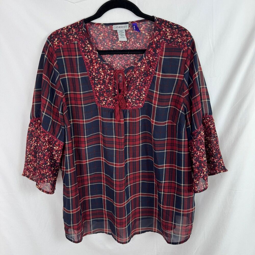 Catherines Women's Blouse Size 1XWP 1X Petite Red/Blue Plaid 3/4 Sleeves
